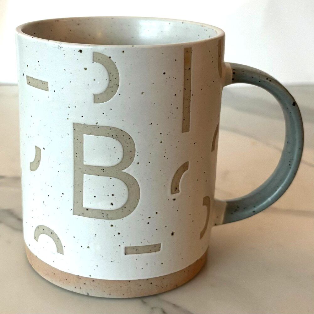 West Elm Monogram Coffee Mug Letter B White Tan Gray Stoneware Tea Cup 16 Oz